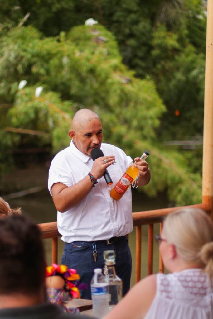 Tequila host guiding a tasting at Oscar’s Distillery in Puerto Vallarta