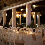 Event space set for a wedding reception at night at Oscar's in Puerto Vallarta